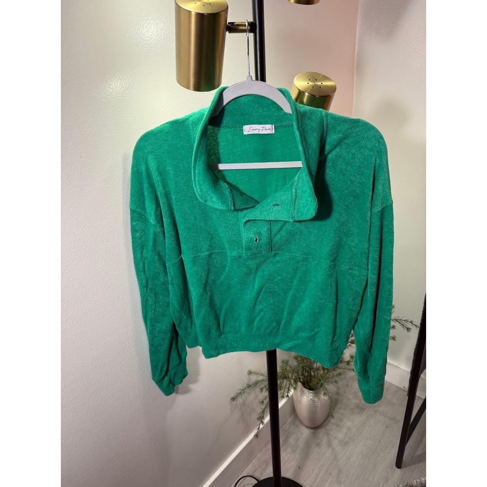 Emory Park Kelly Green Terry Cloth Polo Pullover Cropped Long Sleeve Top Small